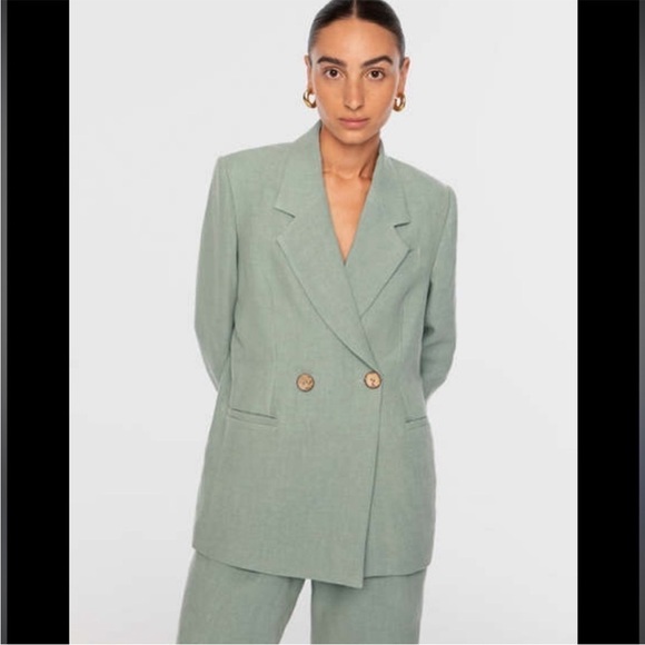 Dal The Label Seafoam Pale Green Natural Linen Double Breasted Blazer Jacket - Picture 3 of 8